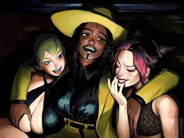 arm_behind_back arms_behind_back arms_behind_head breast_grab breasts comission ermes_costello female female/female female_only foo_fighters green_hair hat jojo's_bizarre_adventure jolyne_kujo laugh laughing namnums stagbeetle stone_ocean tagme yuri