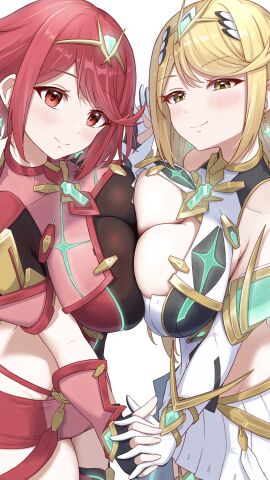 2girls backless_outfit bare_shoulders blonde_hair blush bob_cut breast_press breasts chest_jewel cleavage core_crystal dress drop_earrings earrings elbow_gloves female gloves headpiece highres holding_hands impossible_clothes interlocked_fingers jewelry large_breasts long_hair looking_at_viewer multiple_females multiple_girls mythra nintendo pyra red_eyes red_hair short_hair sketch skindentation smile swept_bangs symmetrical_docking taro_(peach_taro51) tiara very_long_hair xenoblade_(series) xenoblade_chronicles_2 yellow_eyes