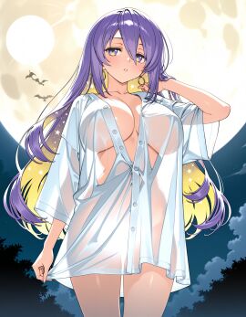 1girls ai_generated blonde_hair blush earrings hololive hololive_indonesia huge_breasts light_censor long_hair moon moona_hoshinova naked_shirt night no_panties purple_eyes purple_hair see-through_clothing see-through_shirt virtual_youtuber yellow_eyes