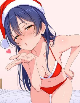 ai_generated bedroom blowing_kiss blue_hair cameltoe cleavage half-closed_eyes hand_on_hip hand_on_own_hip heart_symbol leaning_forward long_hair looking_at_viewer love_live! love_live!_school_idol_project nose_blush santa_bikini santa_hat small_breasts sonoda_umi