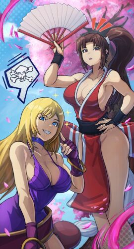 2girls alex_dos_diaz b._jenet bare_legs ben-day_dots blonde_hair blue_eyes blue_sky bracelet bracelets breasts brown_eyes brown_hair cherry_blossoms cleavage cloud cloudy_sky commentary curious dress english_commentary falling_petals fatal_fury female fingerless_gloves gloves gold_bracelet grin hand_fan highres holding holding_fan image_in_speech_bubble jewelry king_of_fighters large_breasts leaning_forward legs_together light-skinned_female light_skin long_hair mai_shiranui motoyui multiple_females multiple_girls ninja obi outdoors parted_bangs petals ponytail purple_dress red_eyes revealing_clothes ring_bracelets sash screentones shout_lines skull_and_crossbones sky smile snk sparkle standing stickiezblue the_king_of_fighters thighs