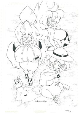 3girls :d android ass bikini breasts breasts_bigger_than_head cleavage cow_print cow_print_bikini dark_skin erect_nipples female happy huge_breasts joints lisa_(robopon) long_hair looking_at_viewer monochrome multiple_females multiple_girls nipples nurse_(robopon) open-mouth_smile open_mouth plump razor_(robopon) robopon robot_joints short_hair smile standing tamori_hataru thick_thighs