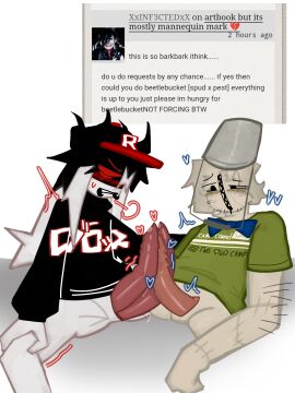 2boys ao3 basic_background beetle_humanoid bottomless bottomless_male bowtie bucket_hat cap diphallia diphallism frotting gay humanoid long-haired_male long_hair male multi_genitalia multi_penis no_legs okal44420 penis pest_(regretevator) regretevator request roblox roblox_game robloxian spud_(regretevator) tagme tentacle_penis weird_penis