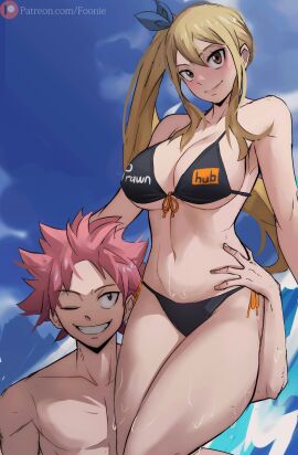 1boy 1girls artist_name big_breasts bikini bikini_bottom blonde-haired_female blonde_female blonde_hair blushing breasts brown_eyes carrying_over_shoulder carrying_partner fairy_tail female large_breasts lucy_heartfilia male natsu_dragneel pink_hair ponytail pornhub pornhub_bra short_hair smile smiling tagme thick_thighs toned wet_skin
