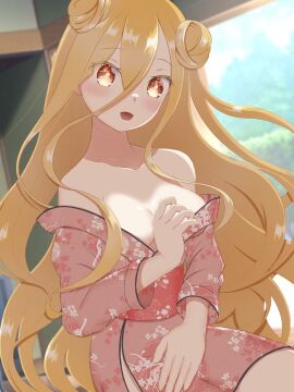 2d 2d_(artwork) blonde_hair blush breasts cleavage date_a_live female female_only hoshimiya_mukuro kimono light-skinned_female light_skin long_hair looking_at_viewer no_bra open_clothes sole_female solo thighs yellow_eyes