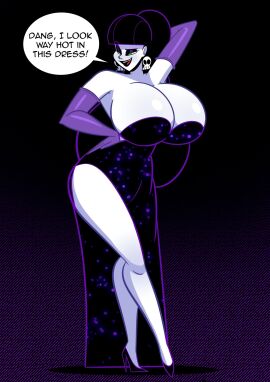 1girls arm_behind_head armpits atomickingboo black_dress black_eyeshadow black_hair black_heels breasts cosplay crossover digital_drawing_(artwork) dress elbow_gloves female gloves green_eyes heels high_heels huge_breasts jessica_rabbit_(cosplay) large_breasts lindel_dollice_quilten long_gloves long_hair oc open_mouth original original_character purple_elbow_gloves purple_gloves shiny_clothes skull skull_earrings taller_female the_besties_(atomickingboo) who_framed_roger_rabbit