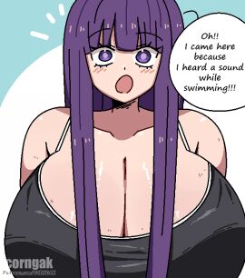1girls :o artist_name bangs big_breasts breasts cleavage corngak english_text female fern_(sousou_no_frieren) huge_breasts light-skinned_female light_skin long_hair open_mouth patreon_link patreon_url patreon_username purple_eyes purple_hair solo solo_female sousou_no_frieren swimsuit text text_bubble watermark
