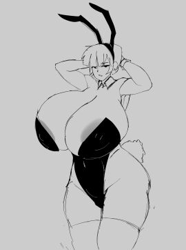 1girls animal_ears areolae areolae_peeking bunny_ears bunny_tail bunnysuit clothed clothed_female elanor_(lewdicrousart) fake_animal_ears fake_tail female female_only hands_on_head milf original short_hair solo solo_female tail tinboryte