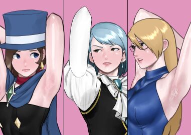3girls ace_attorney adrian_andrews armpit armpit_fetish armpit_stubble armpit_sweat armpits arms_up blonde_hair blue_hair female female_only franziska_von_karma glasses kamiya_kirio karuma_mei koukou_panchi mole mole_under_eye naruhodou_minuki sweat sweat_stain sweaty sweaty_armpits trucy_wright