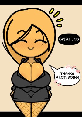 ^_^ black_jacket black_skirt blush breasts bursting_breasts cleavage closed_eyes closed_eyes_smile closed_mouth clothing colored_skin english_language english_text facing_viewer female fishnet_legwear fishnet_pantyhose fishnets heart huge_breasts ivy_(dsand) jacket large_breasts miniskirt my_ghost_friend notice_lines office_lady orange_hair orange_skin pantyhose pencil_skirt shirt skirt skirt_suit smile solo steca text thelazyart yellow_skin