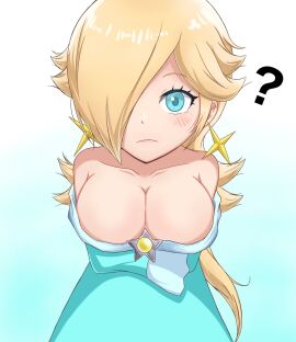 arms_under_breasts bare_shoulders blonde_hair blue_background blue_dress blue_eyes breasts cleavage collarbone cowboy_shot female gradient_background hair_over_one_eye large_breasts leaning_forward long_hair looking_at_viewer mario_(series) nintendo princess_rosalina question_mark strapless_dress unexpressive white_background yassrosalina