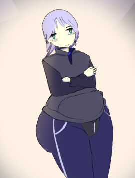 1boy ass ass_visible_through_clothes casual cowboy_shot crossed_arms epion989 erection_under_clothes green_eyes hips_wider_than_shoulders huge_ass human human_male male short_hair silver_hair thick_thighs tight_pants wide_hips