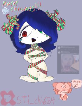 :d artist_logo artist_self-insert big_breasts blue_lipstick breasts christmas christmas_outfit coochiesex45 female hair_over_one_eye kneeling looking_at_viewer meme_in_the_background nipple_peek oc pussy pussy_peek ribbon ribbon_bondage ribbon_choker ribbon_in_hair ribbons sti_chi654 text twitter_username visual_kei whipply