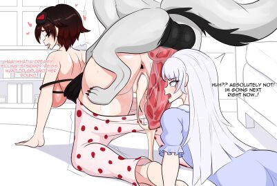 1animal 1boy 2girls anus balls bestiality big_penis breasts canid canine canine_genitalia canine_penis clothing consensual cum cum_drip cum_in_pussy cum_inside domestic_dog english_text female feral fur grey_fur huge_cock interspecies kinathefox knot large_breasts light-skinned_female light_skin long_hair male multiple_females multiple_girls penis pussy red_hair ruby_rose rwby text uncensored vagina weiss_schnee white_hair zehn_(kinathefox) zoophilia
