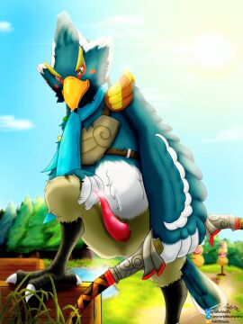 absurd_res animal_genitalia animal_penis anthro avian avian_feet beak bird blue_body blue_feathers bodily_fluids bow_(weapon) breath_of_the_wild claws cloud erection fallofdusty feathered_wings feathers forest forest_background genital_fluids genital_slit genitals green_eyes hi_res holding_object holding_weapon looking_at_viewer male multicolored_body multicolored_feathers nature nature_background nintendo nude outside penis plant pose presenting presenting_penis ranged_weapon revali rito signature simple_background sky smile smirk solo the_legend_of_zelda tree weapon wings yellow_beak