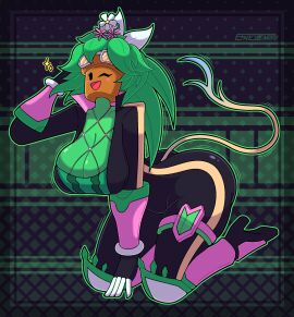 1girls ass big_ass big_breasts blaster_master blush blushing_female breasts cleavage clothed clothed_female clothing envylemonade female female_only heels kanna_(blaster_master) plant plant_girl smile smiling solo solo_female tail watermark