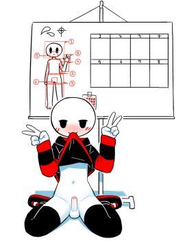 1boy :3 blush femboy gay hoodie imminent_bukkake kneeling male male_only monochromatic_skin naked_hoodie naked_thighhighs peace_sign penis scoreboard stickman thighhighs tosx
