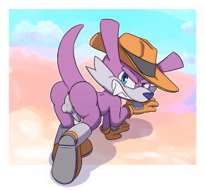 all_fours anthro anus ass balls big_tooth biped blue_eyes boots brown_clothing brown_gloves brown_handwear brown_hat brown_headwear clothing cloud countershade_balls countershade_face countershade_fur countershade_genitalia countershade_penis countershade_perineum countershading cowboy_hat digital_media_(artwork) dipodid erection fang_the_hunter fang_the_sniper footwear foreskin fur genitals geometric_background glans gloves grey_balls grey_body grey_fur grey_penis grey_perineum handwear hat headgear headwear hi_res humanoid_genitalia humanoid_penis jerboa looking_at_viewer looking_back looking_back_at_viewer male male_anthro male_only mammal mostly_nude mostly_nude_anthro mostly_nude_male naughty_face penis perineum presenting presenting_anus presenting_balls presenting_hindquarters presenting_penis purple_body purple_fur raised_tail rodent sega shadow short short_anthro short_male simple_background sky_background smile smiling_at_viewer smirk smirking_at_viewer solo sonic_(series) sonic_the_hedgehog_(series) tail teeth uncircumcised wattacat