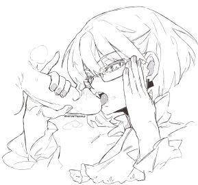 androgynous blowjob bob_cut fellatio femboy femboy_focus gay glasses grabbing_penis holding_penis instanttnoodle lio_fotia male monochrome oral promare short_hair solo_focus twink yaoi