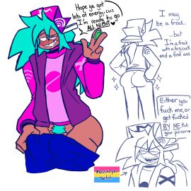 1boy ass big_ass big_butt blue_hair blush blush_lines condom condom_wrapper fat_ass fat_butt flanimal friday_night_funkin friday_night_funkin_mod hat hexdoodz huge_ass huge_butt male male_only pansexual_male pansexual_pride_colors pubic_hair pulling_down_pants solo text text_bubble thick_ass thick_butt unopened_condom_wrapper