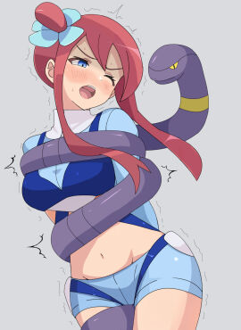 1girls ;o blue_eyes blush bondage breasts commentary constriction creatures_(company) cropped_jacket ekans female game_freak generation_1_pokemon grey_background gym_leader hair_ornament hi_res jacket long_hair midriff navel nintendo one_eye_closed open_mouth pokemon pokemon_(species) pokemon_bw purin_(pepeperonn) red_hair restrained short_shorts shorts sidelocks simple_background skyla_(pokemon) snake teeth thighs tongue trembling