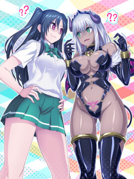 1girls 2girls ? ?? absurdres ass_visible_through_thighs bare_midriff bare_thighs black_hair breasts commission dark-skinned_female dark_skin demon demon_girl demon_horns demon_tail demon_wings earrings elbow_gloves female female_only fur_trim gloves green_eyes green_skirt grey_hair hands_on_own_hips highres horns jewelry large_breasts long_hair looking_at_another medium_breasts midriff multiple_females multiple_girls navel nervous nervous_sweating original pixiv_commission pubic_tattoo purple_eyes revealing_clothes ribimura shiny_clothes shiny_skin shirt skirt standing succubus succubus_tattoo sweat tail tattoo thighhighs thighs two_side_up wavy_mouth white_shirt wings