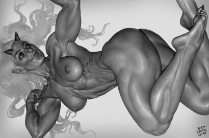 artistic_nude artistic_nudity bare_legs bare_thighs barefoot breasts breasts_out buff calves demon demon_girl demon_horns demoness female female_focus female_only greyscale justsomenoob medium_breasts monochrome muscles muscular muscular_anthro muscular_arms muscular_female no_visible_genitalia oni oni_female oni_horns pinup posing posing_for_the_viewer realistic_breast_size realistic_proportions seductive_smile solo_female solo_focus tasteful tasteful_nudity thick_thighs thighs toned toned_female veiny_muscles