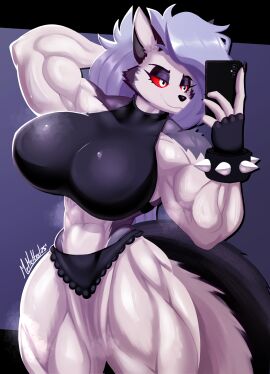 1girls abs anthro biceps big_breasts breasts busty cellphone crop_top demon demon_girl female female_only furry hellhound helluva_boss huge_breasts large_breasts loona_(helluva_boss) mrmelted muscular muscular_female musk musk_clouds panties phone png pose posing red_eyes redraw selfie solo tail thick_thighs thunder_thighs wide_hips