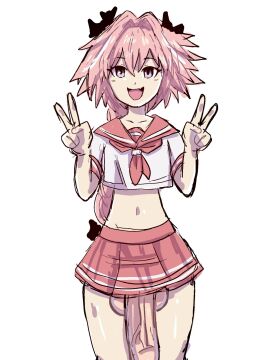 1boy astolfo_(fate) color colored fate/grand_order fate_(series) femboy huge_cock light-skinned_male light_skin looking_at_viewer male male_only peace_sign penis pink_hair sailor_uniform solo wardrobe_malfunction