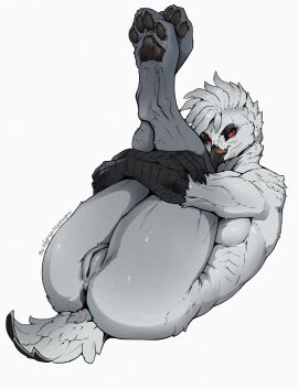 2025 4_toes 5_fingers anthro anus ass avian beak biped bird breasts claws digital_drawing_(artwork) digital_media_(artwork) feathers feet female finger_claws fingers hi_res looking_at_viewer lying nude nude_anthro nude_female on_back pawpads paws pussy red_eyes scutes silgiriya_mantsugosi simple_background solo tail toes white_background white_body white_feathers white_tail