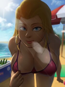 1girls 2d 2d_(artwork) artist_request beach beach_background bending_forward bending_over bent_over big_breasts bikini bikini_bottom bikini_top blonde_hair blue_eyes bra breasts digital_drawing_(artwork) earrings female female_focus female_only leaning leaning_forward light-skinned_female light_skin medium_breast roxxy_(summertime_saga) showing_off sideboob smile smiling summertime_saga tease teasing teenage_female teenager unknown_artist