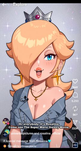1girls :3 blonde_hair blue_eyes breasts cleavage collarbone crown earrings english_text eyelashes female hair_over_one_eye jamie_lee_curtis jewelry large_breasts long_hair looking_at_viewer mario_(series) meme necklace nintendo off_shoulder princess_rosalina reference sarukaiwolf short_sleeves smile solo star_(symbol) star_earrings super_mario_galaxy super_mario_galaxy_(2026_film) thick_lips upper_body viewfinder