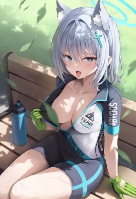 absurdres animal_ear_fluff animal_ears bench bike_jersey black_shorts blue_archive blue_eyes blue_halo blush bodysuit breasts collarbone convenient_censoring cross_hair_ornament extra_ears facing_viewer feet_out_of_frame female from_above gloves green_gloves grey_hair hair_ornament halo highres large_breasts leaf leaf_censor looking_at_viewer looking_to_the_side looking_up medium_hair no_bra official_alternate_costume one_breast_out open_mouth redshark_(t373412) shiroko_(blue_archive) shiroko_(cycling)_(blue_archive) short_sleeves shorts sitting solo sweat thighs tight_clothes tongue tongue_out wolf_ears
