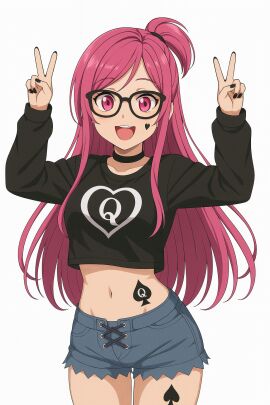 ai_generated belongs_to_the_streets bitch black_choker black_clothing black_heart black_nails blacked branded branding_mark collar glasses happy heart_tattoo leg_tattoo long_hair looking_at_viewer midriff not_porn oc original_character owned owned_bitch peace_sign pink_eyes pink_hair pinku_(oc) ponytail pose posing property queen_of_spades queen_of_spades_symbol shorts slut spade_tattoo stomach_tattoo tattoo victory whored_out