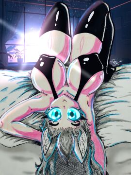bed big_breasts big_thighs black_bra black_legwear black_panties black_stockings blue_eyes breasts_bigger_than_head cute dog_ears dog_girl grey_hair husky joey_wolf koda_(joey_wolf) long_hair looking_at_viewer lying lying_on_back lying_on_bed massive_breasts night night_sky smile smiling_at_viewer stockings thick_thighs traditional_art traditional_drawing_(artwork)