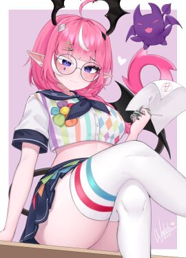 :3 ahoge bangs blunt_bangs blush breasts camila_(vtuber) cimp_(camila) crop_top crossed_legs demon fan_mascot_(vtuber) female glasses hair_ornament hairclip heart holding horns indie_virtual_youtuber large_breasts marking_below_eyes multicolored_hair no_nudity paper pink_hair pointy_ears purple_eyes round_eyewear round_glasses school_uniform serafuku sfw shirt short_sleeves signature sitting skirt smile solo streaked_hair succubus tail thighhighs thighs virtual_youtuber white_hair white_thighhighs wings