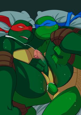 3_fingers 4kids_entertainment absurd_res anal anal_sex anthro anus ass bed blush bodily_fluids brother brother_(lore) brothers_(lore) closed_eyes cum cum_from_ass cum_in_ass cum_inside cum_overflow cum_while_penetrated cumshot digital_media_(artwork) duo ejaculation erection fingers furniture gay gay_male genital_fluids genitals hi_res holding_leg incest incest_(lore) leonardo leonardo_(tmnt) lying male male/male male_penetrated male_penetrating male_penetrating_male mask mishajeans on_back on_bed penetration penile penis pillow raphael raphael_(tmnt) reptile scalie sex shell sibling_(lore) spread_legs spreading sweat sweatdrop teenage_mutant_ninja_turtles teenage_mutant_ninja_turtles_(2003) tmnt tmnt_2003 turtle yaoi