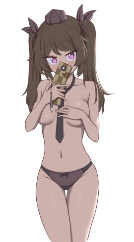 1girls 2d almost_naked bare_shoulders belly belly_button blush breasts brown_hair cachemerro camera covering_breasts covering_mouth covering_nipples cute female hair_ribbon hatate_himekaidou heart hips looking_at_viewer medium_breasts mostly_nude mostly_nude_female necktie panties panties_only phone purple_eyes slave_handles solo source standing tengu thighs tied_hair tokin_hat touhou twintails white_background
