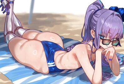1girls ass blue_eyes blue_nails breasts ebora fate/grand_order fate_(series) female large_ass light-skinned_female light_skin long_hair looking_over_eyewear looking_over_sunglasses meltryllis meltryllis_(swimsuit_lancer)_(fate) nail_polish oldwomanisn'tup on_stomach one-piece_swimsuit painted_nails petite petite_body ponytail purple_hair slim_body slit_pupils small_breasts solo sunglasses swimsuit the_pose thighhighs tinted_eyewear youngmanisdown