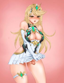 1futa big_breasts blonde-haired_female blonde_eyebrows blonde_female blonde_hair blush blushing_female bottomless breasts clothed clothing commission commissioner_upload cum_dripping_from_penis elbow_gloves embarrassed erection eyebrows eyebrows_visible_through_hair female futa_only futanari gloves gradient_background hiding_erection hiding_penis hikari_(xenoblade_2) human intersex light-skinned_futa light_skin long_hair looking_at_penis looking_down mostly_clothed mythra mythra_(xenoblade) penis precum_drip simple_background skirt small_penis solo solo_futa standing wani_illust xenoblade_(series) xenoblade_chronicles_2 yellow_eyes