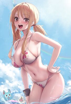 1girls armpits blonde-haired_female blonde_hair blush breasts brown_eyes fairy_tail female happy_(fairy_tail) huge_breasts looking_at_viewer lucy_heartfilia standing_in_water twintails voluptuous wet.elephant