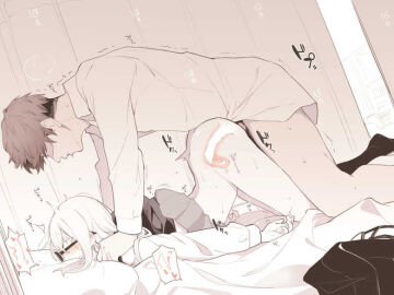 1boy 1girls asutora asutora-chan back_arch blush brown_hair button_down_shirt clothed_sex cum_in_pussy female fucked_from_behind fucked_senseless glasses hands_on_shoulders heart intercourse long_hair male man_on_top on_bed orgasm pinned pinned_down pinned_to_bed pushing_down pussy sex short_skirt side_view skirt_up tremble_spikes trembling uterus white_hair x-ray