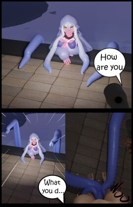 1boy 1girls broken_strokes comic female lantern male monster_musume_no_iru_nichijou oct_(monster_musume) octopus_girl pink_body pool tentacle tentacle_hair text text_bubble yellow_eyes