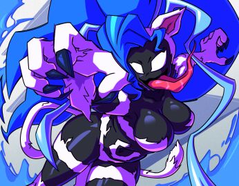 absurd_res big_hair big_hands black_body black_nails blue_hair bonk150 breasts capcom cat_ears claws claws_out cleavage cropped_legs crossover darkstalkers fangs felicia_(darkstalkers) felid feline female fringe fur hair hi_res humanoid large_breasts long_tongue mammal marvel marvel_comics marvel_vs._capcom marvel_vs._capcom_2 muscles shiny shiny_breasts shiny_skin shiny_thighs solo symbiote symbiote_suit symbiote_takeover tail tongue tongue_out upper_body vampire_savior venom_(marvel) white_eyes white_fur
