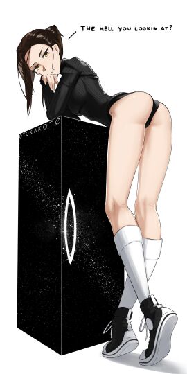 absurd_res artist_name artist_self-insert ass bent_over black_sweater black_turtleneck brown_eyes brown_hair brunette brunette_hair dialogue foreshortening from_behind from_below full_body heavenly_ass kneepits long_legs long_socks looking_at_viewer looking_back original original_character otokakoto otokakoto_(otokakoto) panties pantless perspective ponytail self_insert serious_face serious_look slim_waist socks tennis_shoes text thick_thighs thighs thighs_together watermark white_skin white_socks