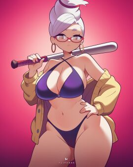 1girls ayase_seiko baseball_bat bikini breasts brown_eyes coat dandadan fat_breasts female female_only flat_belly flipherrrr fully_clothed gilf glasses grey_hair hand_on_hip large_breasts light-skinned_female light_skin long_hair mature milf purple_bikini solo solo_female swimsuit tagme