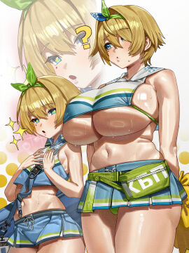 +_+ 2girls :o ? absurdres age_comparison bare_shoulders blonde_hair blue_eyes blush breast_awe breasts cheerleader closed_mouth clothes_writing commentary_request cowboy_shot crop_top cuffs drooling dual_persona feipin_zhanshi female flat_chest girls'_frontline girls'_frontline_2:_exilium green_panties hand_on_own_chest handcuffs highres holding holding_handcuffs holding_pom_poms hollow_shine huge_breasts looking_at_breasts looking_at_viewer microskirt mole mole_under_eye multiple_females multiple_girls navel nikketa_(girls'_frontline_2) official_alternate_costume panties plump pom_pom_(cheerleading) russian_text shiny_skin short_hair skirt sparkle sparkling_aura stomach sweat thick_thighs thighs underboob underwear vsk-94_(dance_like_the_blazing_sun)_(girls'_frontline) vsk-94_(girls'_frontline) zoom_layer