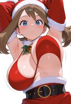 1girl 1girls ai_generated armpits arms_up bangs belt bikini bikini_top blue_eyes blush breasts brown_hair christmas christmas_outfit detached_sleeves fur_trim hat large_breasts long_hair looking_at_viewer may_(pokemon) nintendo owari_wan parted_lips pokemon pokemon_rse red_bikini santa_hat solo swimsuit upper_body