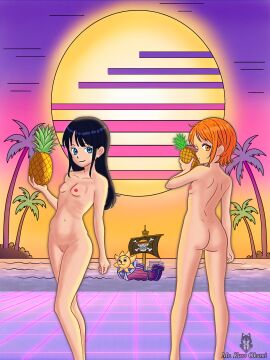beach bikini black_hair female mr.kurokami mr_kurookami nami_(one_piece) nico_robin one_piece orange_hair pussy small_ass small_breasts small_pussy small_tits small_vagina sunset teenage_girl vagina vaporwave younger_female