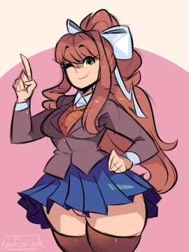 1girls 5_fingers artist_name blue_skirt breasts brown_hair brown_sweater brown_thighhighs collared_shirt curvy doki_doki_literature_club female green_eyes hair_ribbon hand_on_hip index_finger_raised jacket light-skinned_female light_skin long_hair long_sleeves medium_breasts monika_(doki_doki_literature_club) no_neckwear panties panty_peek pink_background pink_panties pleated_skirt pointy_nose ponytail raised_eyebrows school_uniform scribble shirt simple_background skindentation skirt smile sweater thick_hair thick_thighs thighhighs uuforya white_bow white_ribbon white_shirt wink